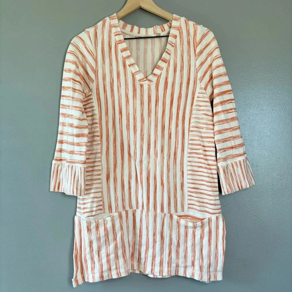 Soft Surroundings Medium Briza V-Neck French Terry Tunic Orange & White Stripe